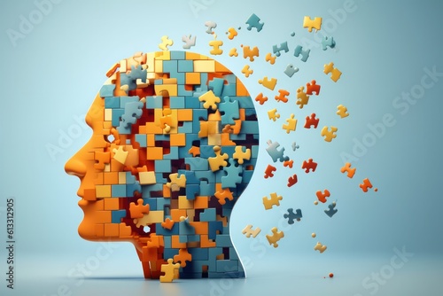 dissolution of puzzle pieces in the form of a human head mental health, dementia, memory loss