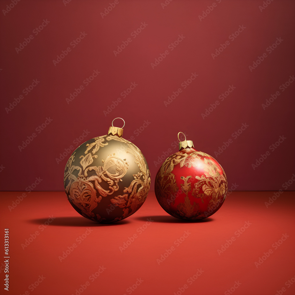 Christmas toy, red background and red Christmas tree toys, Christmas decorations, Christmas tree decorations, two balls on a red background,ai generative Christmas toy, red background and red Christmas tree toys, Christmas decorations, Christmas tree decorations, two balls on a red background,ai generative