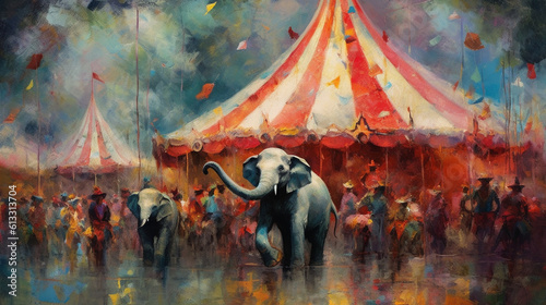 Digital oil painting of circus, animals, elephants, clowns and people having fun at the fairground. Beautiful artistic image for poster, wallpaper, art print. Generative AI. © Aul Zitzke