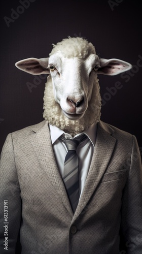 Photograph of a sheep in a businessman outfit