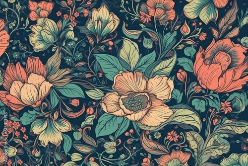 blue and orange floral wallpaper with a variety of flowers. Generative AI