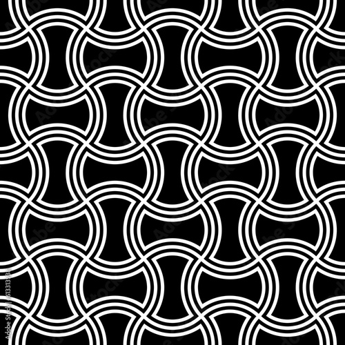 Apple core quilts texture. Patchwork motif. Seamless surface pattern design with ethnic ornament. Black axehead figures background. White crossed wavy lines wallpaper. Digital paper, textile print.