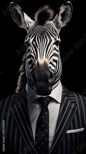 Photograph of a zebra in a businessman outfit