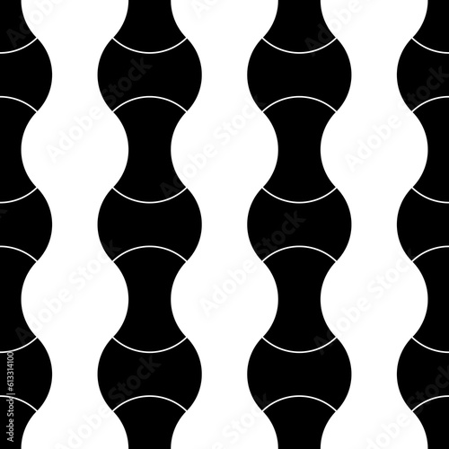 Black interlocking blocks lines on white background. Seamless surface pattern design with ethnic ornament. Apple core quilts texture. Hammerhead, axehead and bow shapes. Patchwork motif.