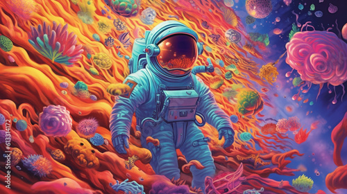 Illustrate an astronaut experiencing a psychedelic dream