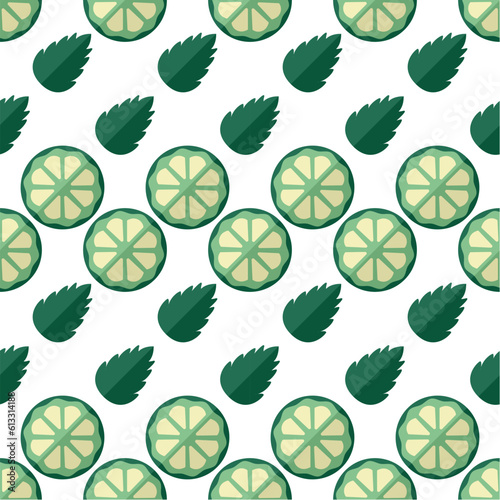 Seamless pattern Lime Slice and Mint Leaves. Piece of Citrus Fruit and herb. Ingredients for tea or Mojito cocktail recipe. Refreshing drink. Objects in a row. Flat style. Vector illustration.