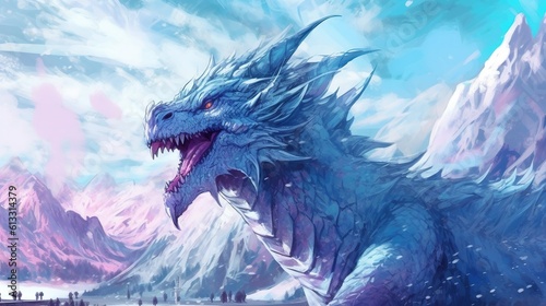 A blizzard covering a snow-covered mountain with an ice dragon . Fantasy concept , Illustration painting. Generative Ai © X-Poser