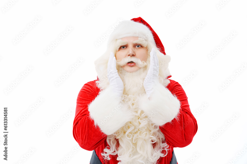 Santa Claus says with hands at the face on a white background Christmas. Santa Claus says with hands at the face on a white background Christmas.