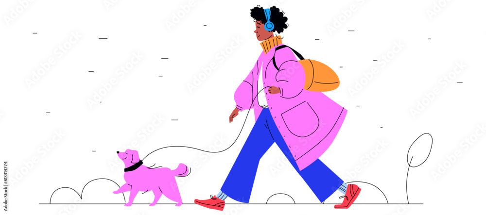 Fototapeta premium A black woman on a walk with her dog. Girl listening to music in the park. Wearing winter or fall clothes. Side view. Contemporary vibrant vector illustration. Trendy Flat and Line. 