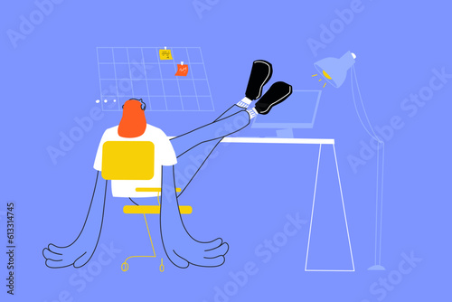 A woman is tired of working and is procrastinating. Sitting at her desk. On the wall of the work shuffle.  Side view. Contemporary vibrant vector illustration with distorted proportions  