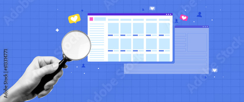 A collage on the subject of seo. Contemporary composition with a hand holding a magnifying glass and searching the website. Attracting new users. Vector background with landing pages