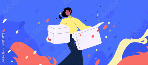 A modern illustration on the subject of layoffs. A woman leaves work with boxes in her hand. Surrounded by a dynamic abstract background as a metaphor for the loss of self and the turmoil in her head.