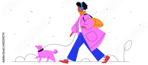 A black woman on a walk with her dog. Girl listening to music in the park. Wearing winter or fall clothes. Side view. Contemporary vibrant vector illustration. Trendy Flat and Line. 