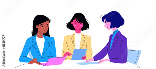 A group of women in an office meeting. Three young girls of different colors discussing work matters and developing a project. Vector contemporary illustration. Flat with a line. 