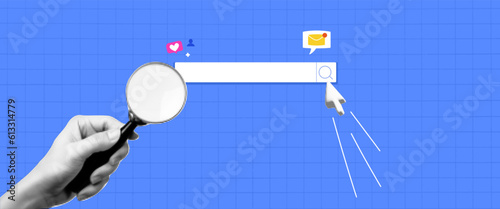 Collage on the theme of seo. Modern composition with a hand holding a magnifying glass. Search bar with a cursor. Attracting new users. Vector blue background.