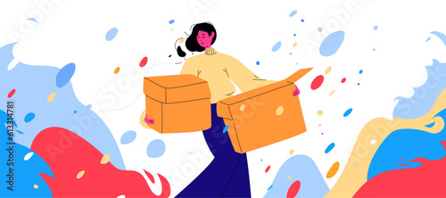 A modern illustration on the subject of layoffs. A woman leaves work with boxes in her hand. Surrounded by a dynamic abstract background as a metaphor for the loss of self and the turmoil in her head.