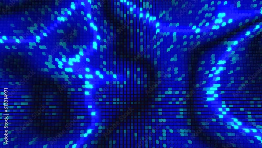 Waves runs across pixels. 3d abstract looped background modern performance, lot of gray blocks form wall or screen and light up pattern. Bulbs start to glow blue forming pattern like abstract garland Waves runs across pixels. 3d abstract looped background modern performance, lot of gray blocks form wall or screen and light up pattern. Bulbs start to glow blue forming pattern like abstract garland
