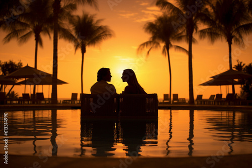 Silhouette of a couple on holiday in the summer by a swimming pool and a beach. Generative AI
