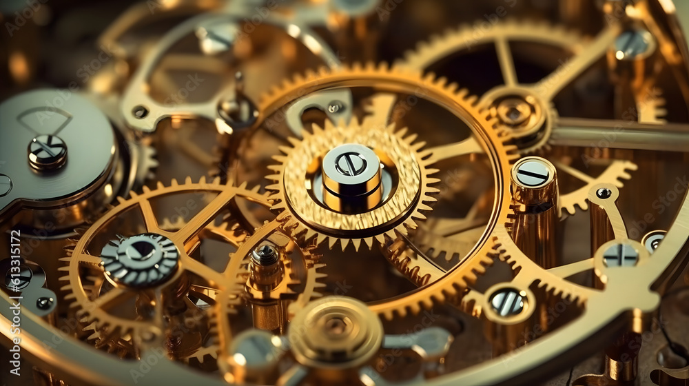 Gears and cogs in clockwork watch mechanism.