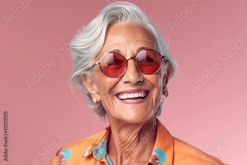 fashionable cheerful lady, laughing, wearing sunglasses happy smiling vibrant pink background