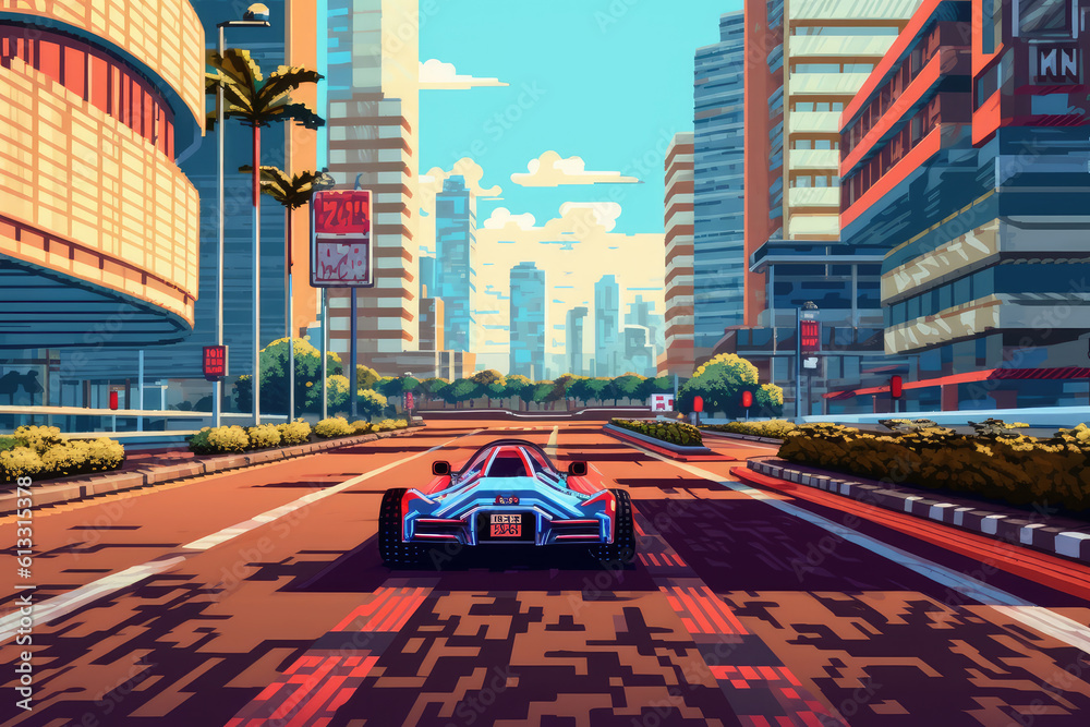 Fototapeta premium Pixel Art retro gameplay of a 1980 Sega Out Run arcade formula race style, ai generated.