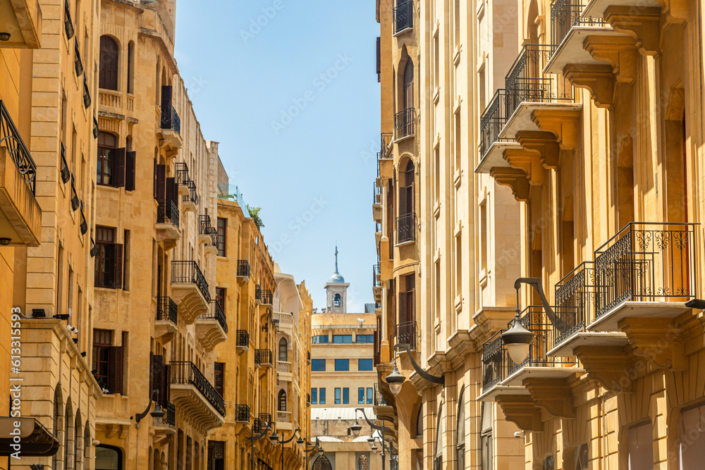 Old Beirut central downtown narrow street architecture with buildings and street lights, Lebanon