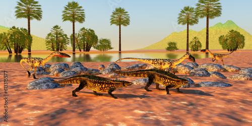 Riverside Dinosaurs - A Coelophysis hunting pack surround two Desmatosuchus armored dinosaurs during the Triassic Period. photo