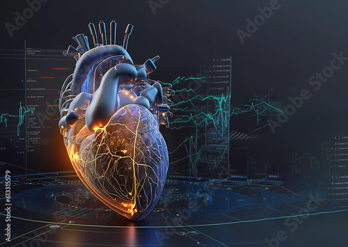 Human heart on the background of a cardiogram. Neon glow. New technologies. Banner. created by AI