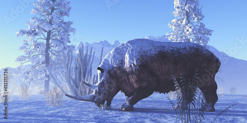 Canvastavla Woolly Rhinoceros - A Woolly Rhinoceros eats a plant during a winter day in Europe during the Pleistocene Era