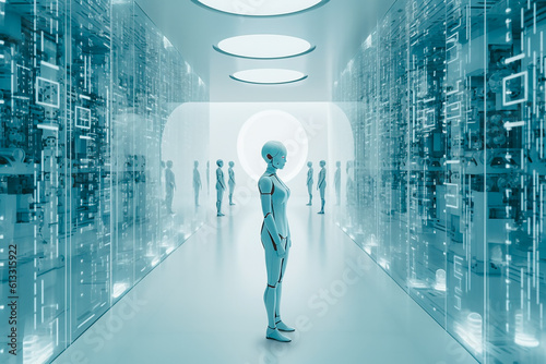 Robot in a tecnical room. Artificial Intelligence 3d rendering concept. photo