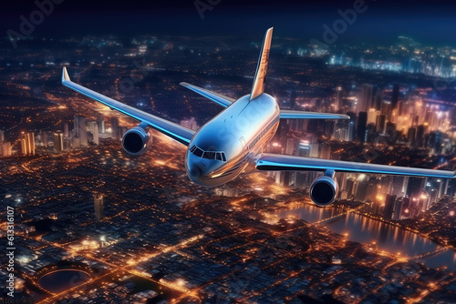 The plane flies over the city with the handle travel to warm countries, vacation, fly at sunset. Night flights. generative ai