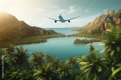 The plane flies over the tropical island, travel to warm countries, vacation, fly at sunset. Flights. generative ai © MoreThanProd