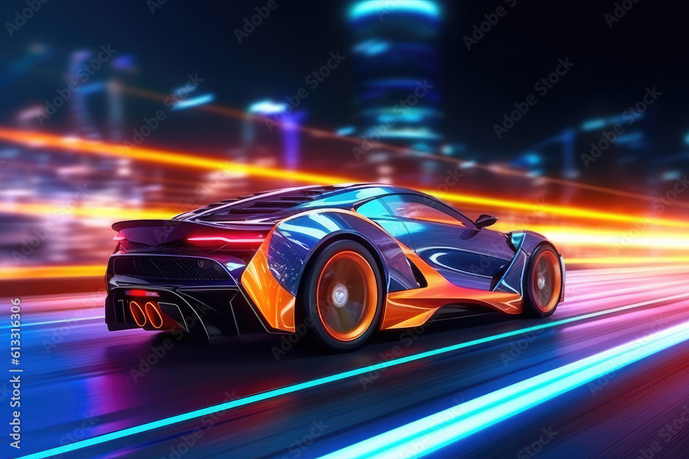 Sports car of the future on the road in motion, speed and transport. Sports car on the background of the city neon light. generative ai