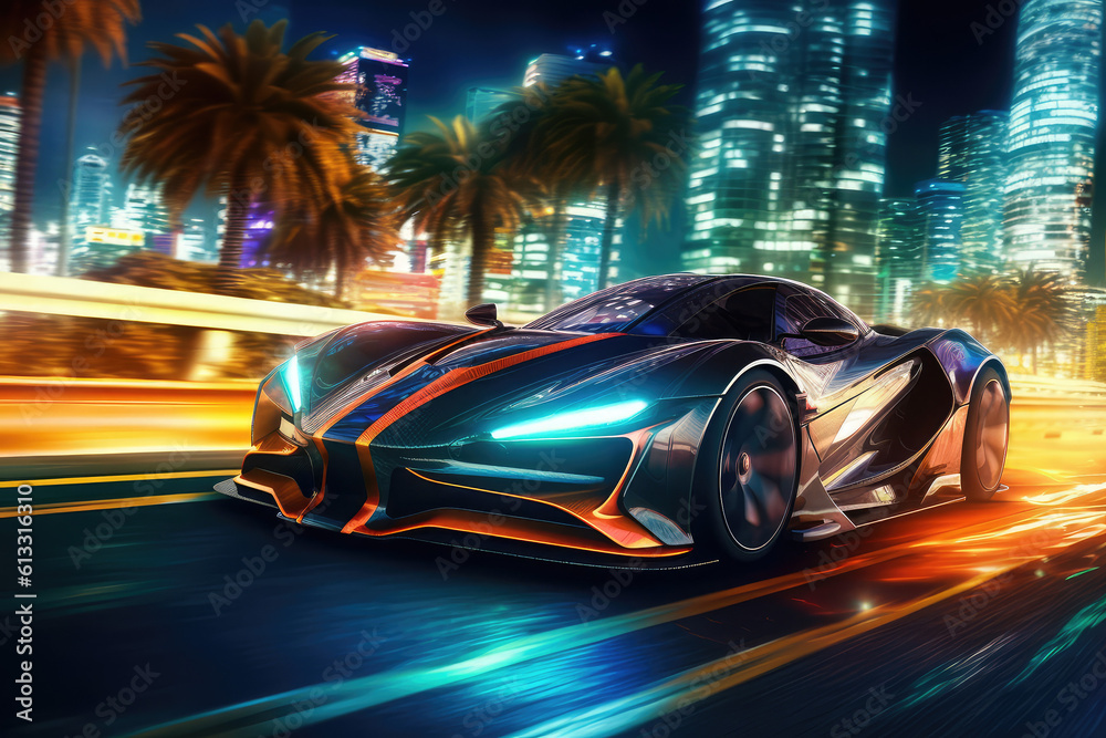 Sports car of the future on the road in motion, speed and transport. Sports car on the background of palm trees, neon light. generative ai