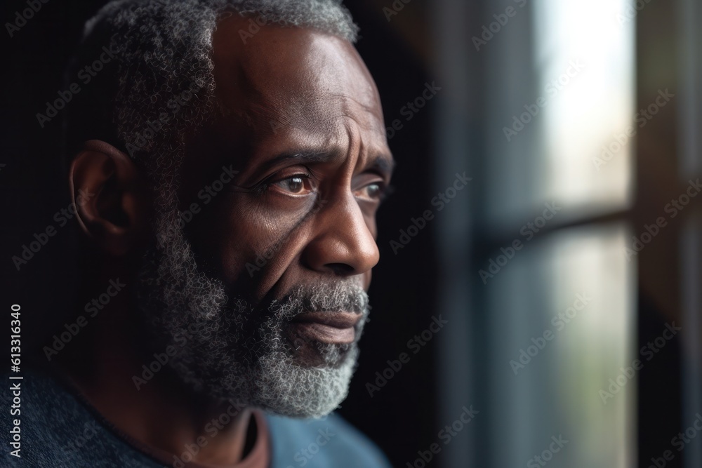 Thoughtful African American senior man with grey beard looking out of bright window on rainy day