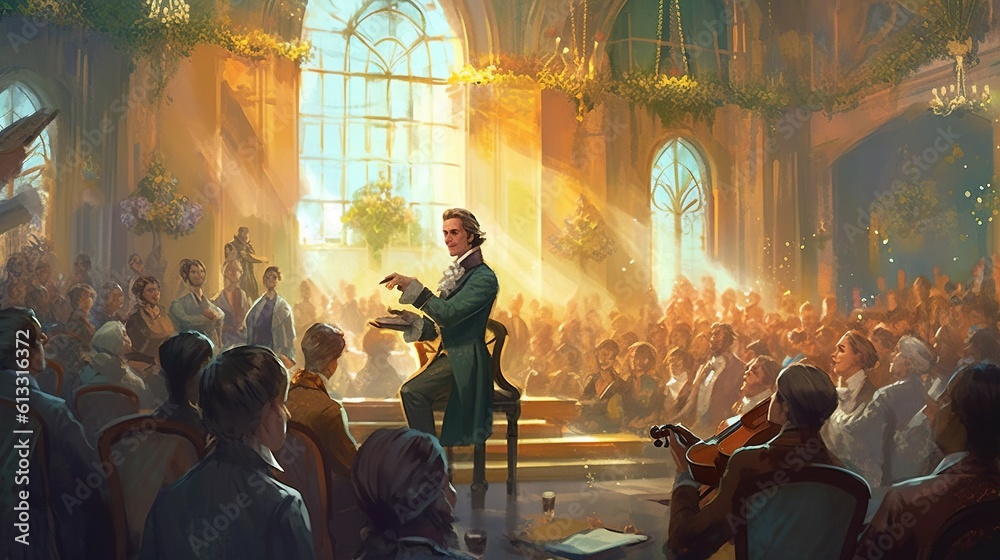 A bard performing for a group of noble patrons in a grand ballroom . Fantasy concept , Illustration painting. Generative Ai