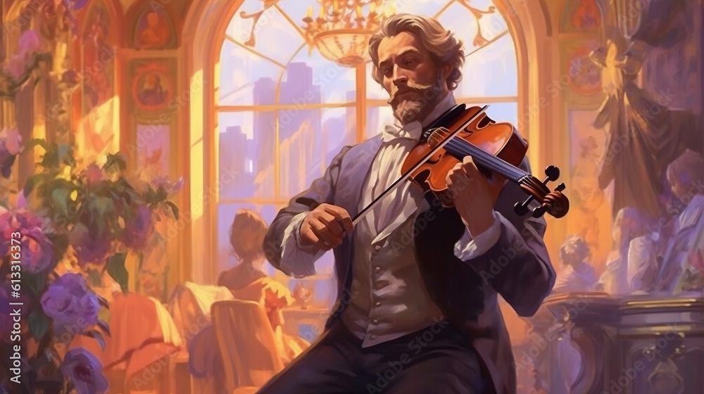 A bard performing for a group of noble patrons in a grand ballroom . Fantasy concept , Illustration painting. Generative Ai