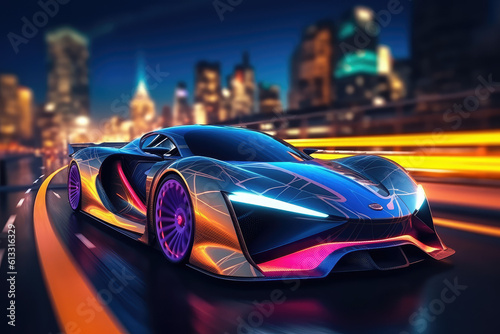 Sports car of the future on the road in motion, speed and transport. Sports car on the background of the city neon light. generative ai © MoreThanProd