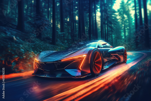Sports car of the future on the road in motion, speed and transport. Sports car on the background of the forest neon light. generative ai