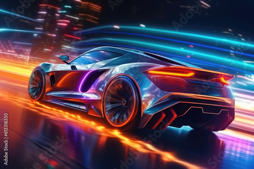 Sports car of the future on the road in motion, speed and transport. Sports car on the background of the city neon light. generative ai © MoreThanProd