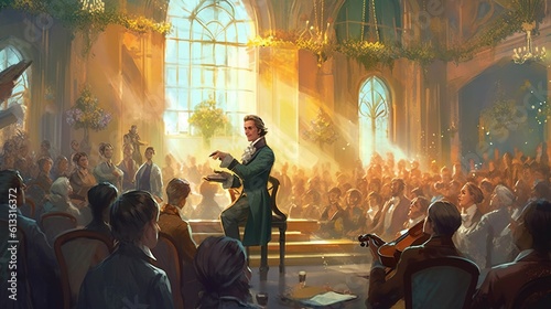 A bard performing for a group of noble patrons in a grand ballroom . Fantasy concept , Illustration painting. Generative Ai photo