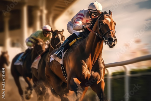 Horse racing, betting on equestrian sports. An equestrian. Many horses are competing, running against the background of the sunset. generative ai
