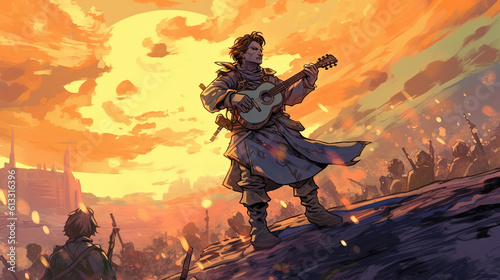 A bard performing a song of epic heroism on a battlefield . Fantasy concept , Illustration painting. Generative Ai photo