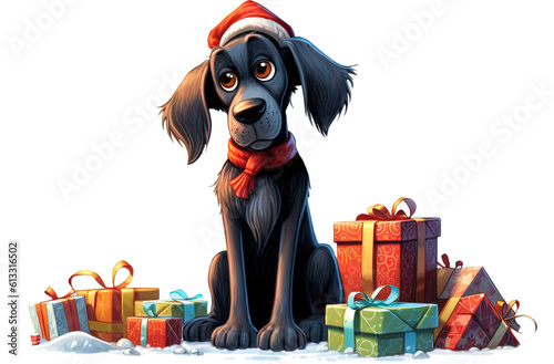 Illustration of a cute comic dog in a christmas setting isolated on transparent background photo