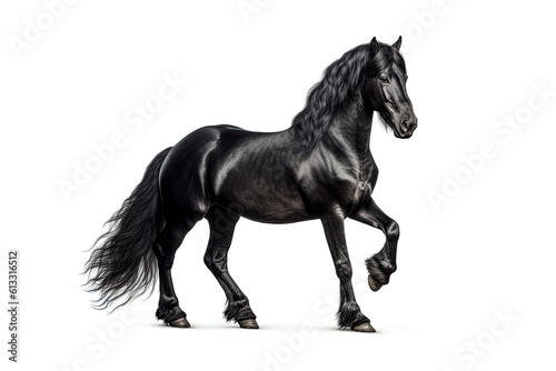 Portrait illustration of a black friesian horse on white background