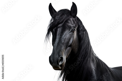 Portrait illustration of a black friesian horse on white background