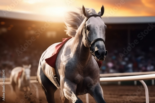 Horse racing, betting on equestrian sports. An equestrian. Many horses are competing, running against the background of the sunset. generative ai