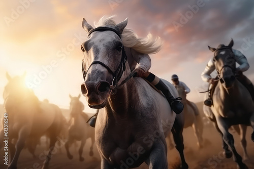 Horse racing, betting on equestrian sports. An equestrian. Many horses are competing, running against the background of the sunset. generative ai © MoreThanProd