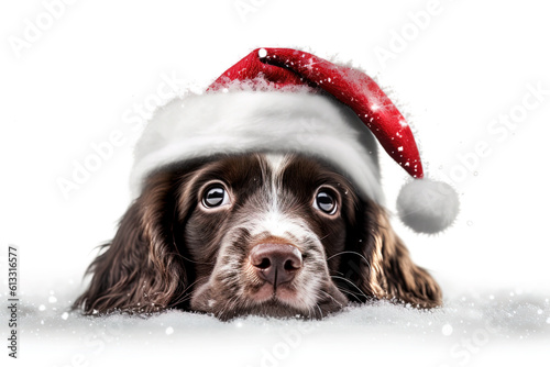 Portrait illustration of a cute dog in a festive christmas setting on white background, text space photo