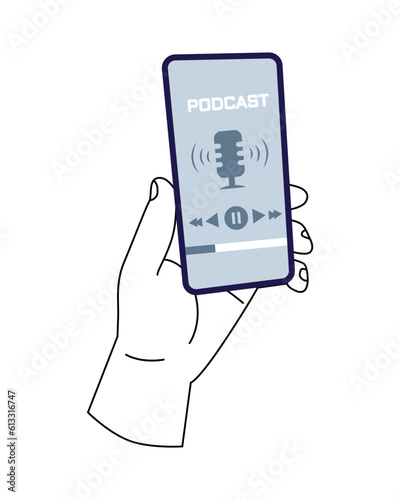 Watching videos online on mobile phone screen. Podcast, news, watching video online, talk show, tv application, live streaming. Hand holding phone